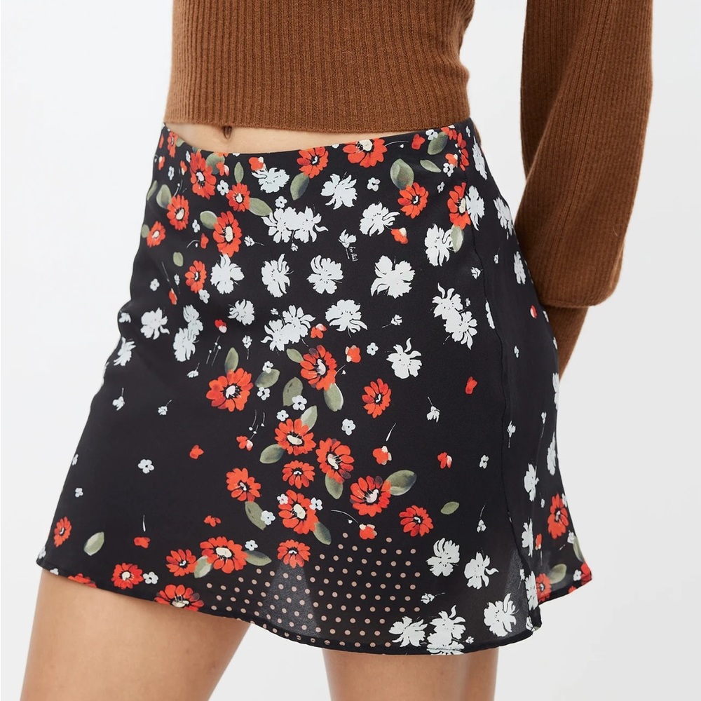 Reformation Par Black Floral Mini Skirt with Red & White Flowers